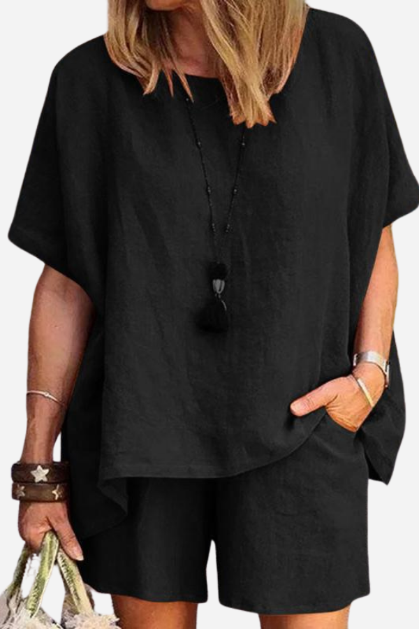 Comfy Linen-like Shirt &amp; Shorts Two-Piece Set