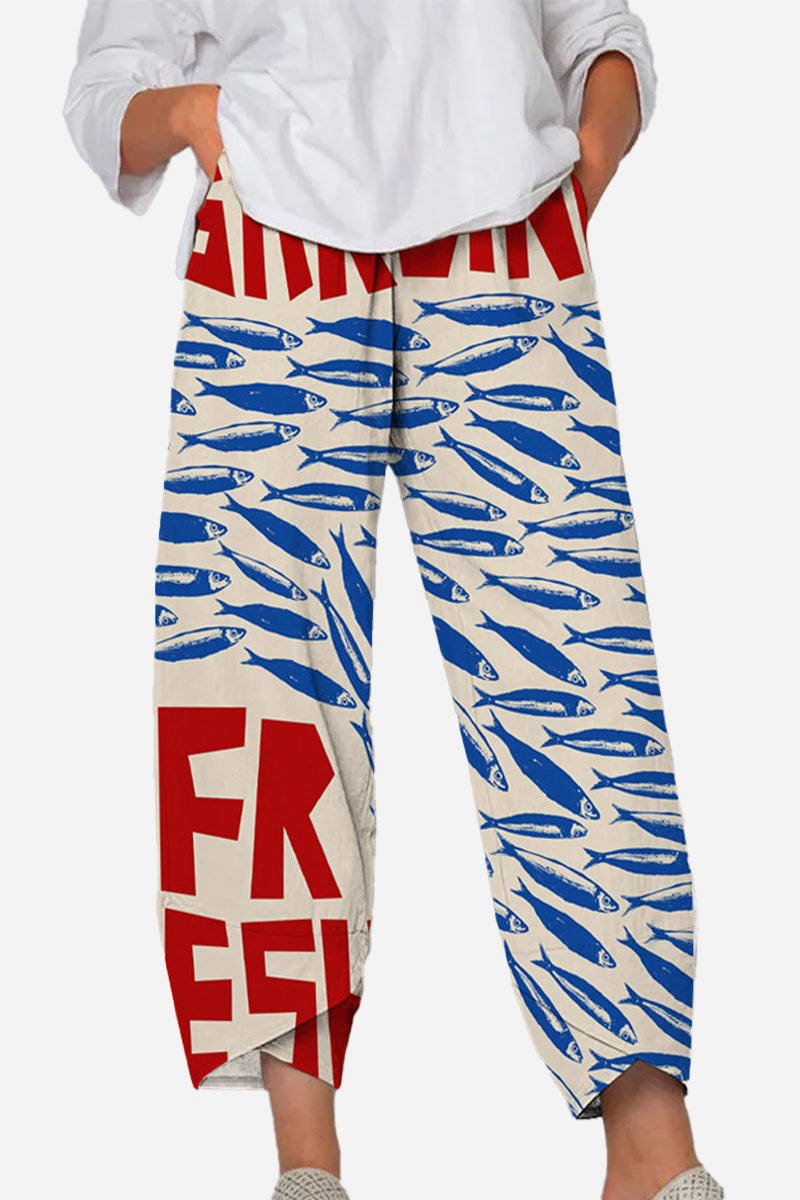 Artistic Sardine Pattern Breathable Cropped Pants