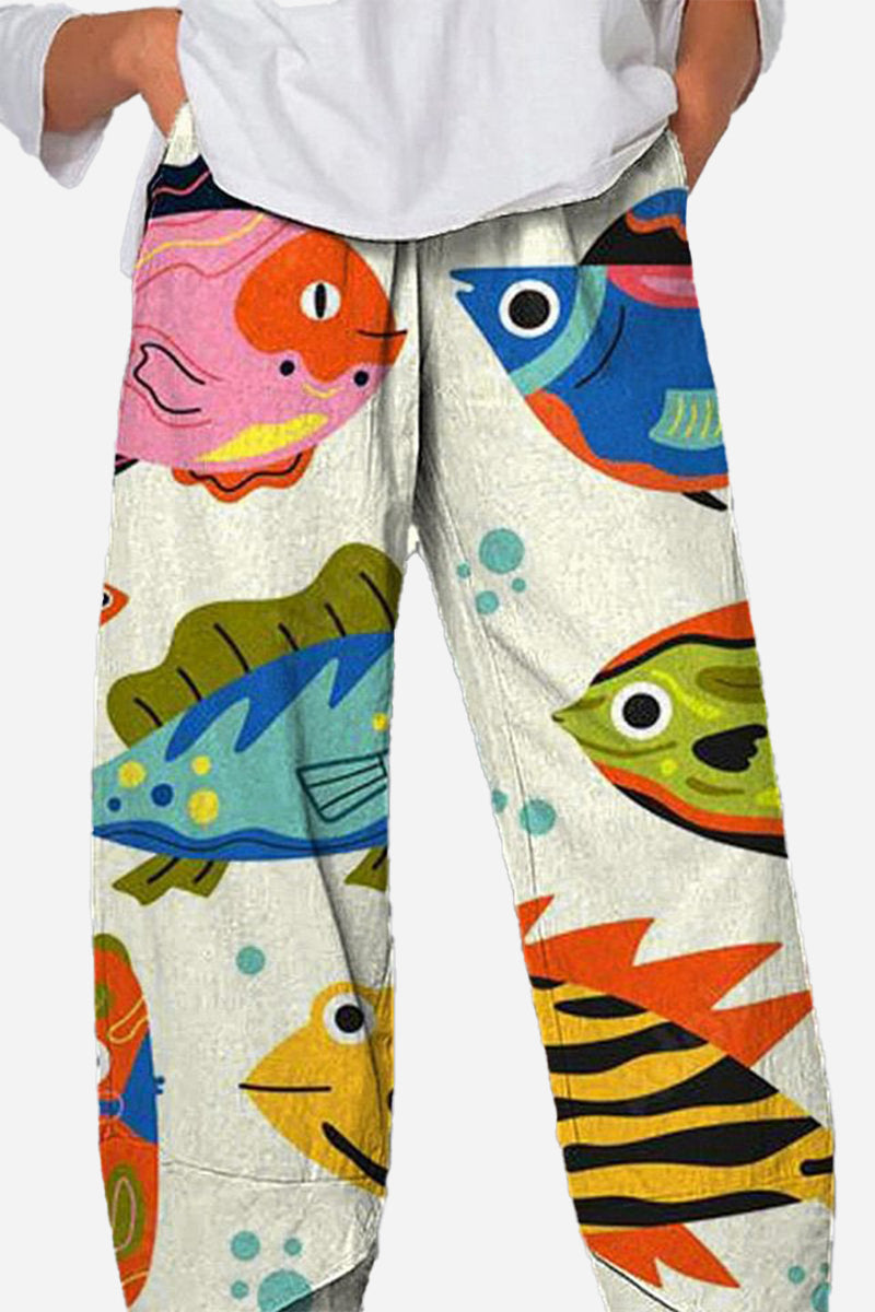 Artistic Sardine Pattern Breathable Cropped Pants