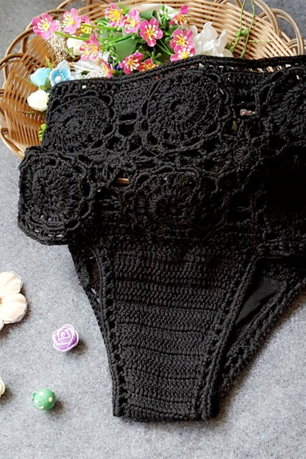 High-Waisted Swimsuit Solid Color Crochet Bikini