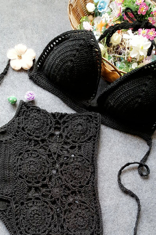 High-Waisted Swimsuit Solid Color Crochet Bikini
