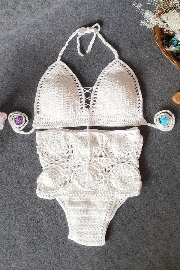 High-Waisted Swimsuit Solid Color Crochet Bikini
