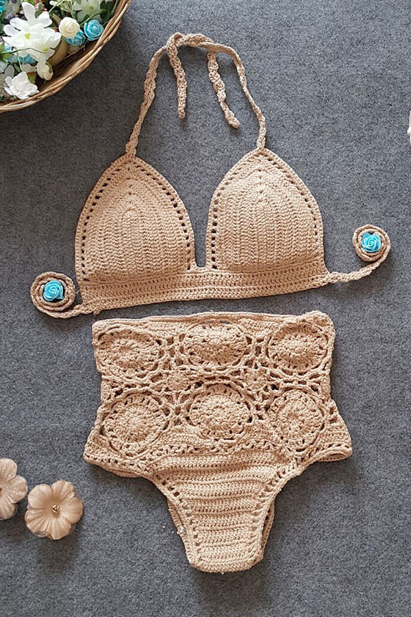 High-Waisted Swimsuit Solid Color Crochet Bikini