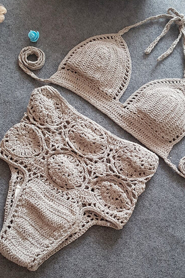 High-Waisted Swimsuit Solid Color Crochet Bikini