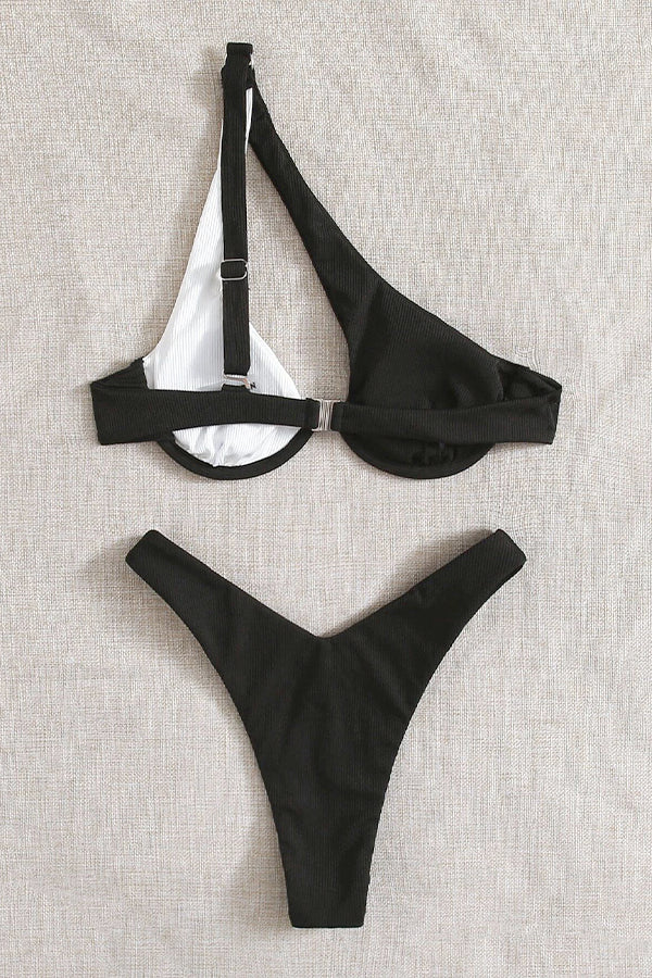 Cross-Shoulder Stitching Double Color One-Shoulder Bikini