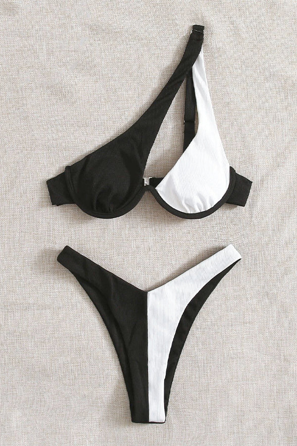 Cross-Shoulder Stitching Double Color One-Shoulder Bikini
