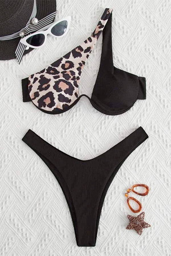 Cross-Shoulder Stitching Double Color One-Shoulder Bikini