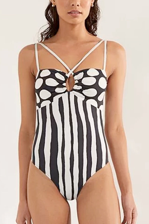 Swimsuit With Poa Print and Black Stripes