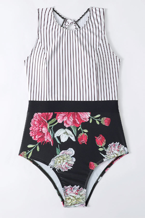 Striped Leafy One Piece Swimsuit