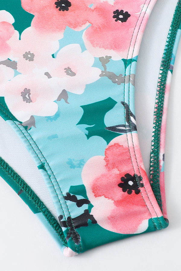 Striped Leafy One Piece Swimsuit