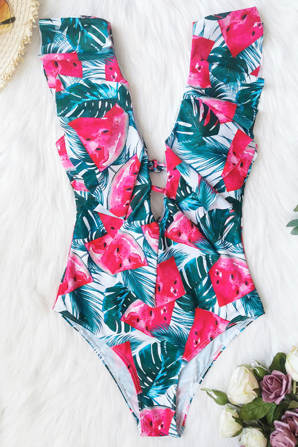 One-Piece V-Neck Ruffled Swimsuit